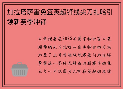 加拉塔萨雷免签英超锋线尖刀扎哈引领新赛季冲锋 加拉塔萨雷免签英超锋线尖刀扎哈引领新赛季冲锋